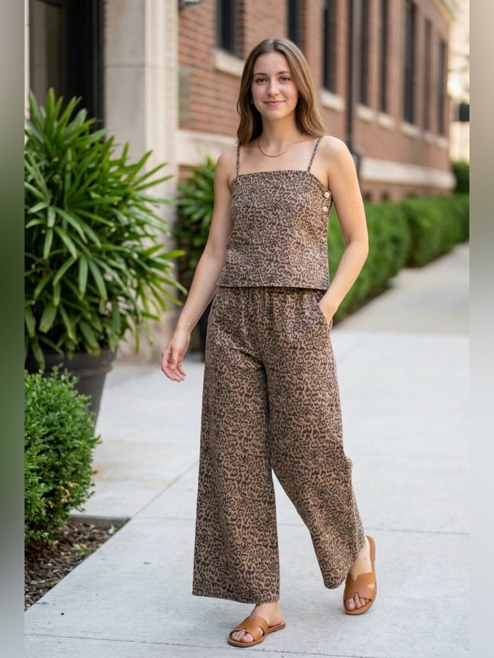 Leopard-Print Wide-Leg Jumpsuit in Brown